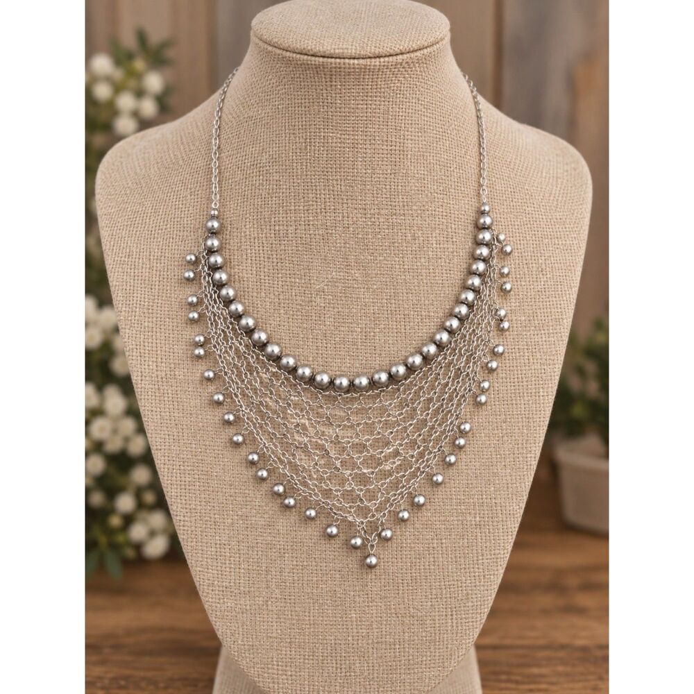 Silver Layered Chain Necklace, Bib Statement Necklace, 19" Necklace